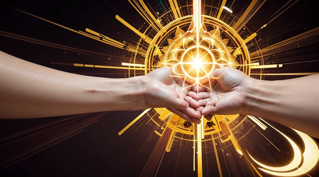 "Montage of hands in various professions, golden aura surrounding each, divine blessing, vibrant colors, vector art style"