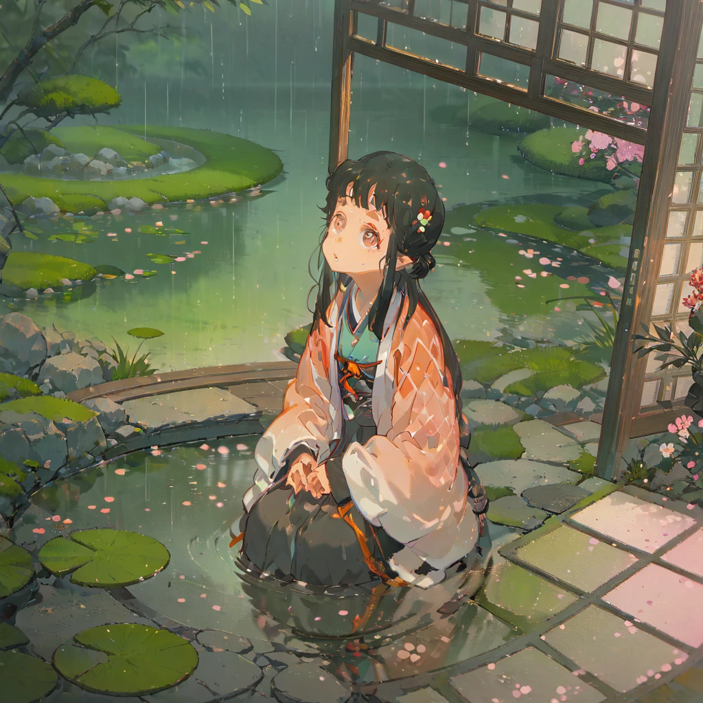 ((anime:1.4,illustration)),(masterpiece, top quality, best quality),(ultra-detailed, absolutely resolution),((16k, high res)), (((Japanese style garden, small pond, raining, girl sitting on the porch looking up at the sky.))) ((cosy lofi illustration:1.4)), ((anime:1.4, illustration)),(masterpiece, top quality, best quality),(ultra-detailed, absolutely resolution),((16k, high res)) BREAK {lofi art, style of Laurie Greasley, style of Makoto Shinkai, anime aesthetic}, BREAK { (produces images with information than 40 million pixels with cinematic-like detailed textures shot on a Sony SLR).}