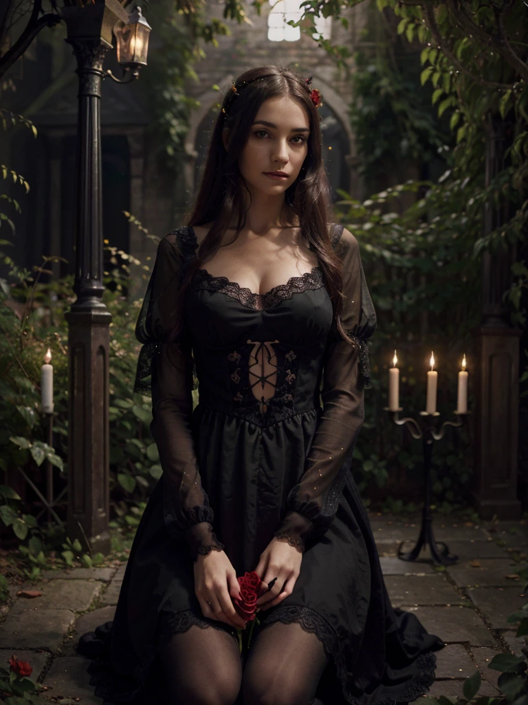 (Best Quality,High resolution:1.2) beautiful gothic woman with transparent medieval lace costume, sexy,  holding a red rose. Sitting in a Gothic Style Garden, dark and vibrant. Fireflies in the background. Hoar. fog, Magical night atmosphere, lighting with hanging lanterns. beauty. Hyperrealism,  4k, 8k