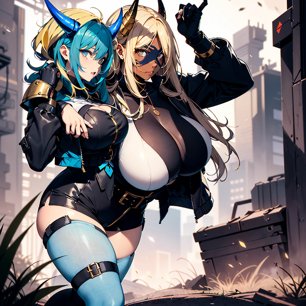 ((best quality)), ((masterpiece)), (detailed), 1girl, 8k_wallpaper, extremely detailed eyes, extremely detailed body, beautiful face, perfect face, detailed ((blonde hair)), (gold eyes), ((large big red and blue horns)), {{dark skin}}, ({dark skinned female}), gigantic breasts, thick thighs, strong arm and leg muscles, strong abdominal muscles, Monster women, Korean women, wearing a modern short black cloth jacket with rolled up sleeves, (wearing heavy gold colored steel cyberpunk armor), a wide red leather belt with blue steel yarn, steel boots, steel thigh guards, a military radio hangs on her belt, a biker girl, she rides on another planet along a lilac field against the backdrop of a blue desert and high red mountains,