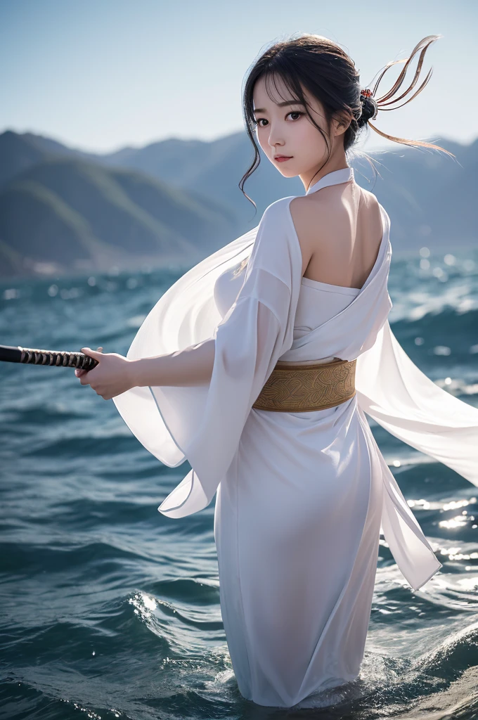 This image contains、A beautiful Japanese girl is depicted。The background is white and simple.、Emphasises the movement of the beautiful girl and the flow of water。She was wearing a thin kimono.、The kimono is decorated with delicate embroidery.。The costume spreads beautifully as you move.、The figure features dynamic poses that capture the moment of battle.。

A beautiful girl holds a Japanese sword、Staring ahead with a strong gaze。Her hair flutters in the wind、On her head is a beautiful hair ornament.。The sword emits an icy effect.、Water rises in a spiral、It&#39;s a powerful performance。

As a photographic technique、Drawn with ultra-realistic, photo-realistic texture、The characters are depicted in great detail。especially、The texture of the costume and the movement of the water are expressed very realistically.、The vertical screen composition enhances the character&#39;s presence even more.。