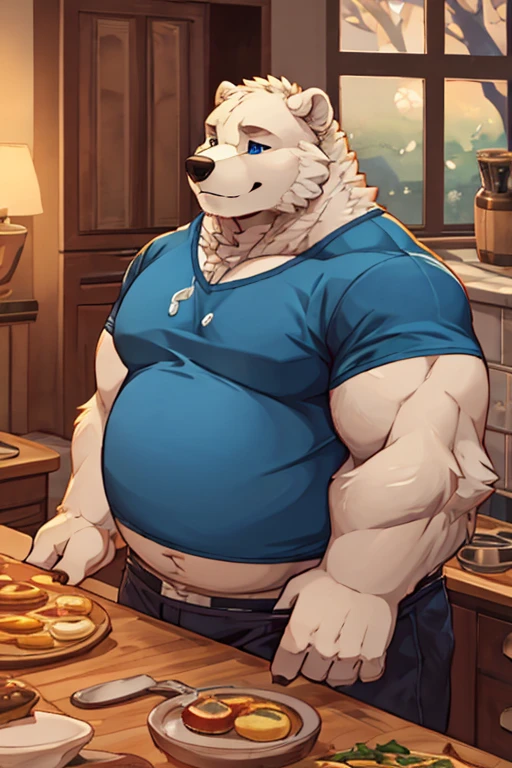 polar bone, Alone, fat body, , peaceful belly, gordi flon thick and muscular arms, panza, 
, woodland fur, white face, white belly , white spine, black hair on chest and arms, blue eyes, blue shirt, short. cooked breakfast. In an apartment.