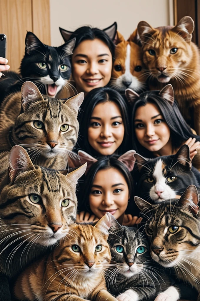 selfie of 7 animals of 3 cats and 2 dogs and a hamster for ig