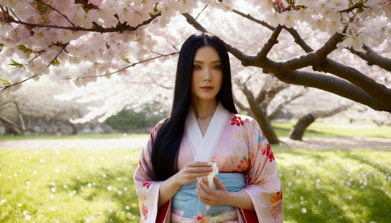 a beautiful woman with long black hair and kind eyes, wearing a colorful kimono, holding bandages in her hand, standing under a giant blooming cherry blossom tree, soft sunlight shining through the branches, creating a dreamy atmosphere, ethereal, compassionate, graceful