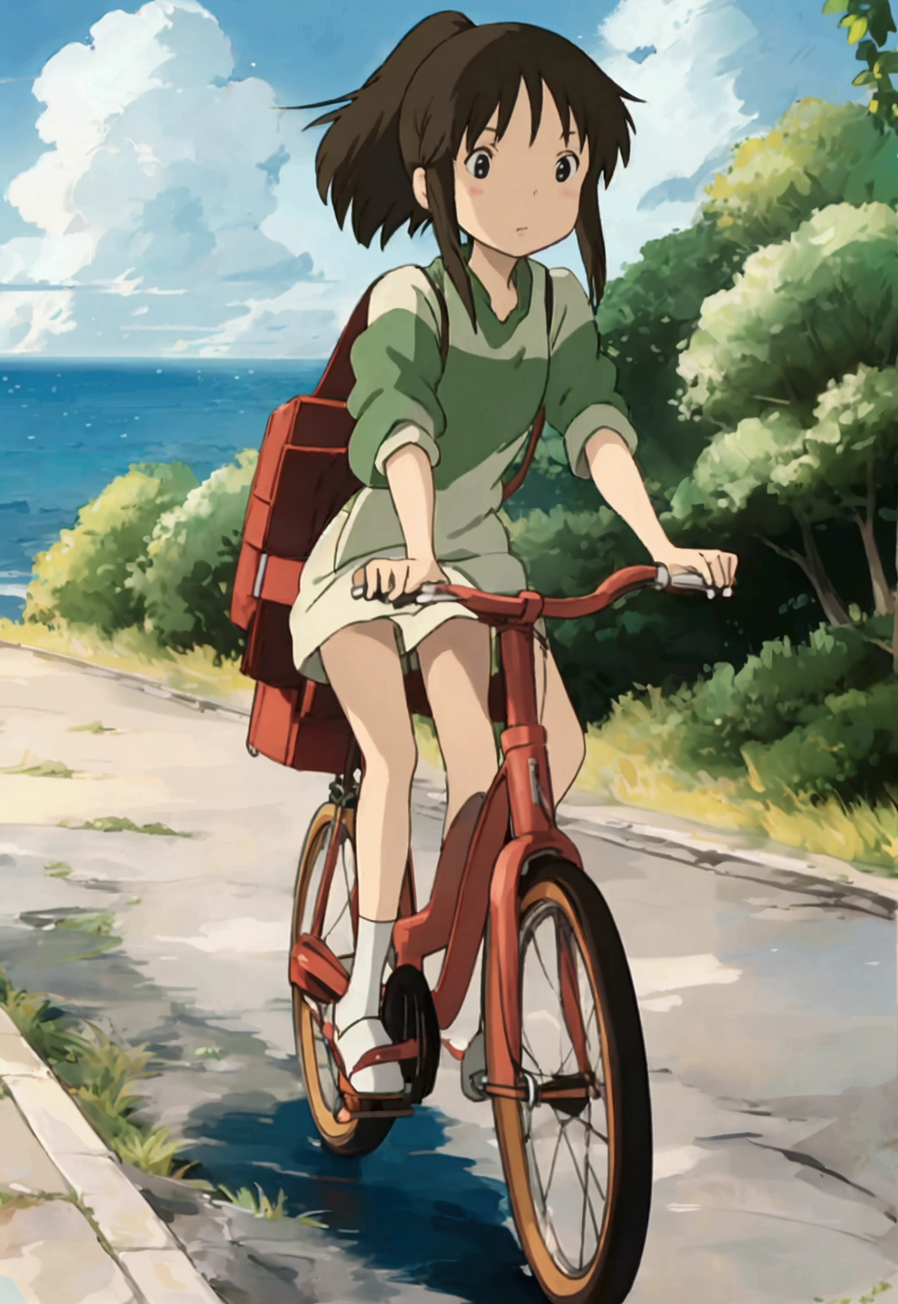Ghibli　In the water　flying　bicycle　girl
