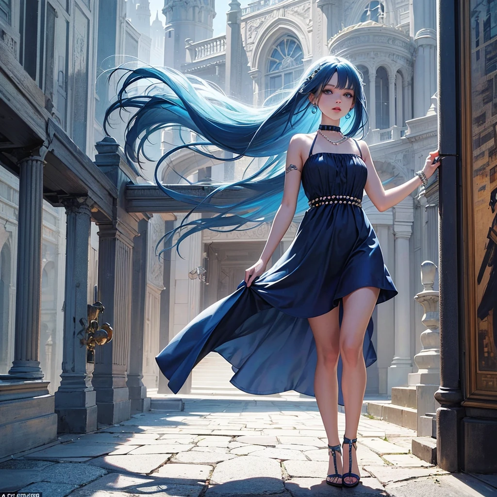 Make me a picture: Painel comics da Marvel AI, young girl with long straight Jelly Bean blue hair, Caucasian skin, light blue eyes with droopy shape, with earrings, rings and chokers, dressed in a long navy blue dress with shiny pearls, it would be walking through a palace.