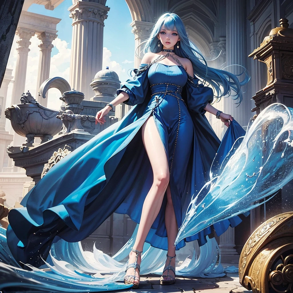 Masterpiece, Old, female, long Silver hair, mermaid headband and pearl necklace, Slanted eyes, blue navy sexy open dress, Stand in an underwater Forward city, serious expression, with a sharp gaze, beautiful face, zoom out, full body