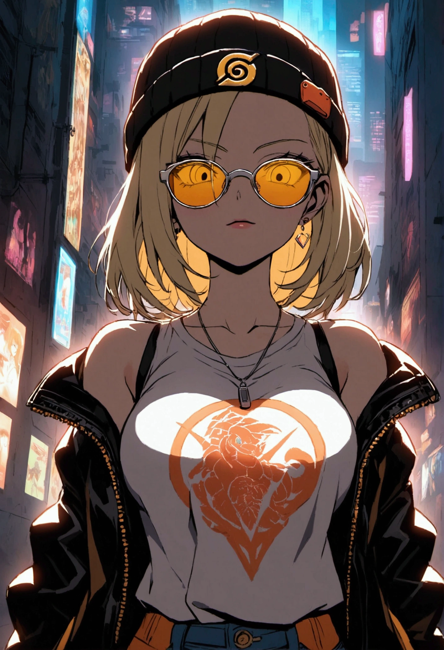 atmosfera  horror sombria in anime 2.5D traços fortes Tsunade naruto + Android 18 DBZ cyberpunk Tronic, silver yelow Orange diamond -tinted glasses, anos 80 jacket donned over half t-shirt, rasgada black goldtorn denim, black locks cascading from beneath a beanie, Cyberpunk 2077-inspired poster art, neon-infused cityscape backdrop, holographic interface elements surrounding her, chiaroscuro effect, high contrast, vivid colors, octane rendering