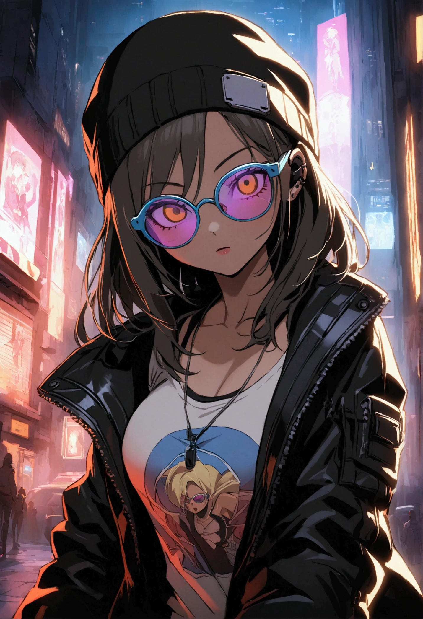 atmosfera  horror sombria in anime 2.5D traços fortes Tsunade naruto + Android 18 DBZ cyberpunk Tronic, silver yelow Orange diamond -tinted glasses, anos 80 jacket donned over half t-shirt, rasgada black goldtorn denim, black locks cascading from beneath a beanie, Cyberpunk 2077-inspired poster art, neon-infused cityscape backdrop, holographic interface elements surrounding her, chiaroscuro effect, high contrast, vivid colors, octane rendering