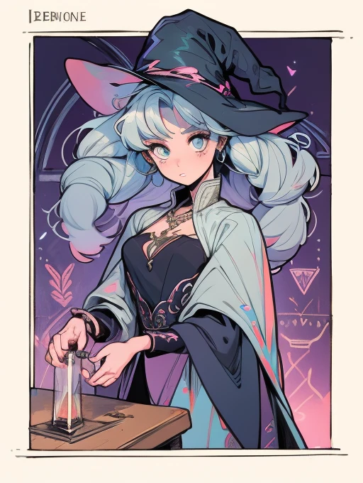 depicts a modern-day witch who has embraced the world of cybernetics to enhance her magical abilities. The artwork should convey the enchanting blend of traditional witchcraft and futuristic technology. Here are some specific elements to include: The Witch's Lair: The setting should be a cozy yet slightly eerie room, filled with magical books, crystal balls, potion ingredients, and antique furnishings. The room should be dimly lit by candles and a soft, mystical glow emanating from her cybernetic enhancements. The Cyborg Witch: The central focus of the artwork is the witch herself. She's a striking figure with a mix of traditional witch attire and cybernetic enhancements. Her clothing should have a witchy, occult aesthetic, with flowing robes, a pointed hat, and an intricate pentagram necklace. Her arms, however, have been upgraded with cybernetic components that incorporate magical symbols and glowing runes. Magical Interface: The witch is in the midst of casting a spell, with a holographic, touch-screen interface floating before her. This interface includes spell incantations, arcane symbols, and digital components, demonstrating her fusion of magic and technology. Spell Ingredients: On a nearby table, there should be a collection of spell ingredients, like herbs, potions, and magical artifacts. Some of these items may have been modified with cybernetic enhancements, blurring the line between the natural and the technological. Familiar: The witch's familiar, perhaps a cat or raven, should be present in the scene, serving as her magical companion. The familiar could also have subtle cybernetic enhancements or glowing eyes. Glowing Runes: The room should be adorned with ancient symbols and glowing runes on the walls and floor, contributing to the magical atmosphere. Aetherial Lighting: Use a combination of mystical, ethereal lighting and cybernetic glows to create a captivating interplay of light and shadow. The contrast between the tradit