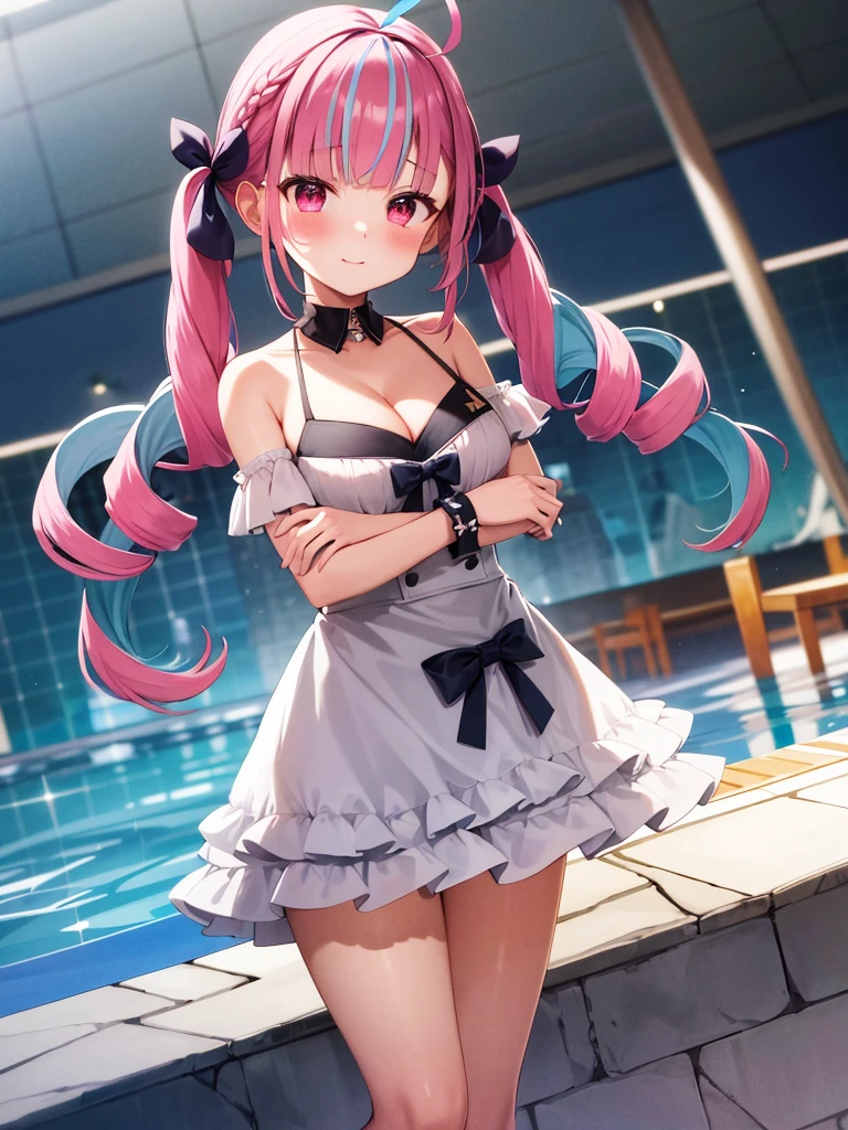masterpiece、Highest quality、1 girl、Virtual YouTuber、Minato Akua、Multi-colored hair、Twin tails、inner hair color、Two-tone hair、Drill Hair、Twin Drill、Ahoge、Ankle cuffs、Striped Hair、White ribbon、Cowboy Shot,blush,Arms crossed,Cleavage,I had already finished、Medium chest,Micro Bikini,Pool