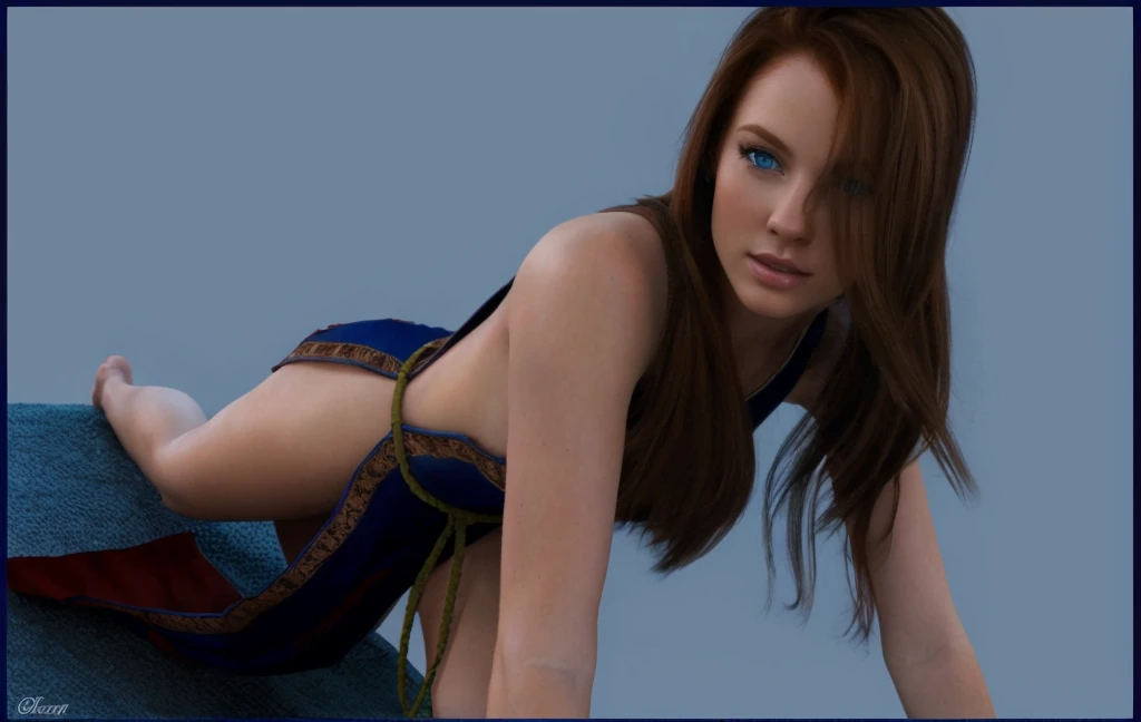 photograph, photorealistic, pretty redhead woman, barefoot, green eyes