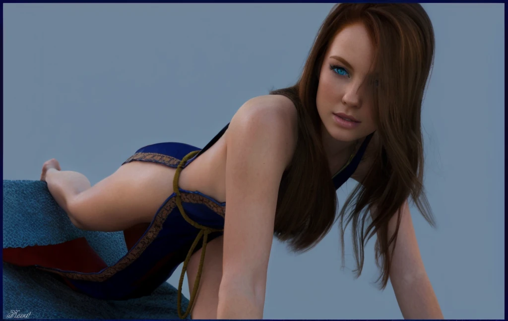 photograph, photorealistic, pretty redhead woman, barefoot, green eyes