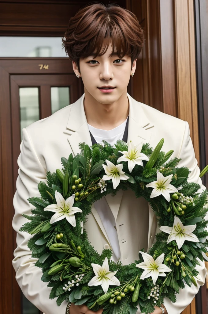 BTS singer Jungkook with a wreath of lilies around