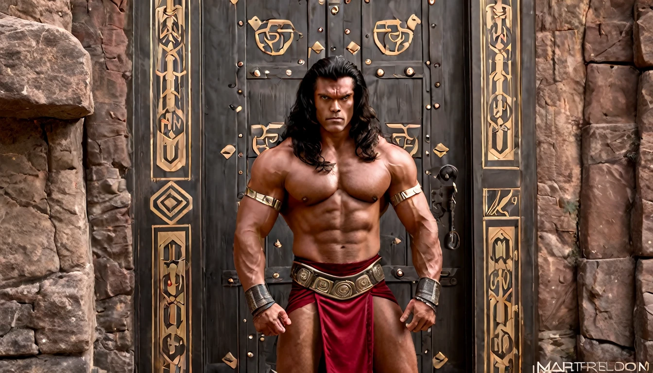 (Jason and the Argonauts movie), black minotaur, long black hair, super muscular on steroids, dressed in black and dark red armor, in the background a large door attached to the side of a mountain, the magic door contains around you Egyptian symbols, detailed image, sharp focus, studio photography, xf iq 4, 1 5 0 0 0 0 mp, 5 0 mm, iso 2 0 0, 1/1 6 0 s, realistic, natural light, octane rendering, adobe lightroom, thirds resolution, symmetrical balance, depth layers, polarizing filter, ..., hd, color optics, ..., hd, opaque color, masterpiece