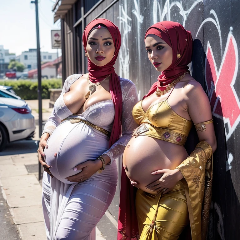 Two:2 Malaysian girl pregnant 9 month ,malay, The whole body consists of a young girl with hijab, Eye makeup, 55 year old model, Cat ears, Soft lighting, Solo, Wear shabby clothes, Dirty, Tattered futuristic military uniform, Cat's paw badge, Pose, spot color, rendering by octane, Ultra-realistic intricate details, Cinematic, 8K resolution, 70mm, emphasis lightings, (((2 girls:1.5, pregnant Gorgeous artsy women holding teddy bear sitting down in chairs))) Setting background: Basquiat graffiti wall background,Graffiti artist, urban walls, spray paint cans, bold colors, rebellious strokes, street gallery, artistic , night shadows, public expression, aerosol mastery, layered stencils, cultural messages, graffiti tags, creative risks, vibrant visuals, underground recognition, impactful designs, urban transformation. Art by Mschiffer, (((Woman with hijab style, hijab with sexy dress)), (lace stockings), (((Wearing: diamond necklace and earrings))). RAW photo, full sharp, detailed face (high detailed skin:1.2), 8k uhd, dslr, soft lighting, high quality, film grain, Fujifilm XT3, (extremely beautiful face, sexy lips, beautiful red lips, Clear eyes, beautiful eyes), (big green eyes), pretty girl, face forward, intricate detail face, ((ultra detailed skin)) (skin texture, film grain), Detailed beautiful face, natural tpose, natural facial expression, (((Straight breasts))), Surreal full-body figure, Beautiful and delicate body and face, gorgeous figure, ssmile, Titillating，Surreal full-body figure，Beautiful and detailed body and face, Super vista, White skin of the, vivd colour,🔥8k, masterpiece, RAW photo, best quality, (18k detail:1.2), photorealistic, extremely, deep shadow, earrings, bracelets, necklace,