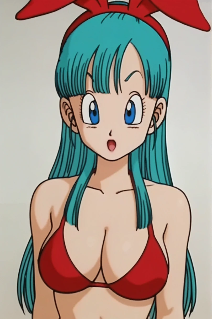 source_anime, score_9, score_8_up, score_7_up, anime screencap, 
bulma \(dragonball\), 1girl, solo, long hair, looking at viewer, bangs, blue eyes, red bikini, standing, upper body, moaning, horny facial expression, sexy, aqua hair, collarbone, arms by side, fingernails, big breasts, raised eyebrows, eyebrows, eyelashes,
 