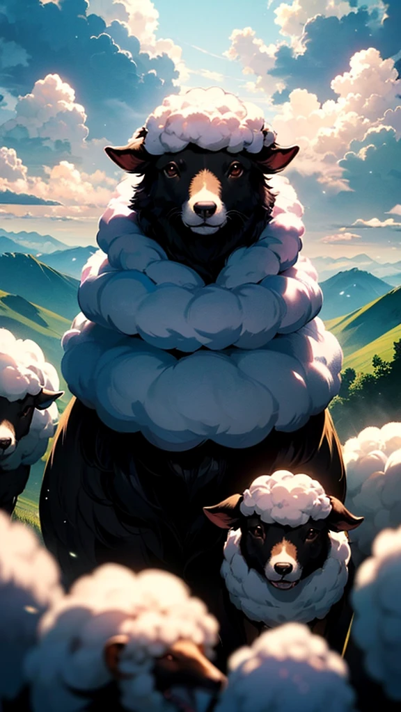 (Masterpiece, Highest quality: 1.2), (High resolution: 1.1), (Highest quality), Dynamic Angle, sheep飼いの女の子, null, cloud, Highland Road, 牧sheep犬, sheep, Top view, dramatic lighting, Beautiful shadows, beautiful, 