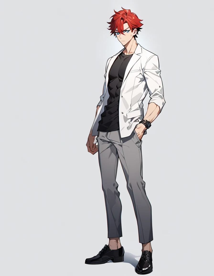 A anime man, short red hair, blue eyes, white jacket, black t-shirt, gray pants, intimidate expression, black shoes, thin body, adult, standing, full body, slightly muscular body