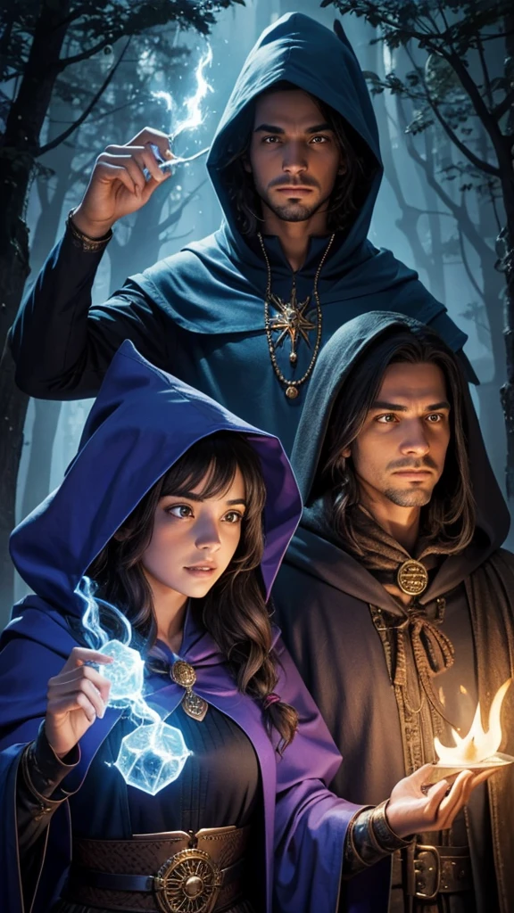 wizard couple, Man behind woman in front, magic all around, both with hood 