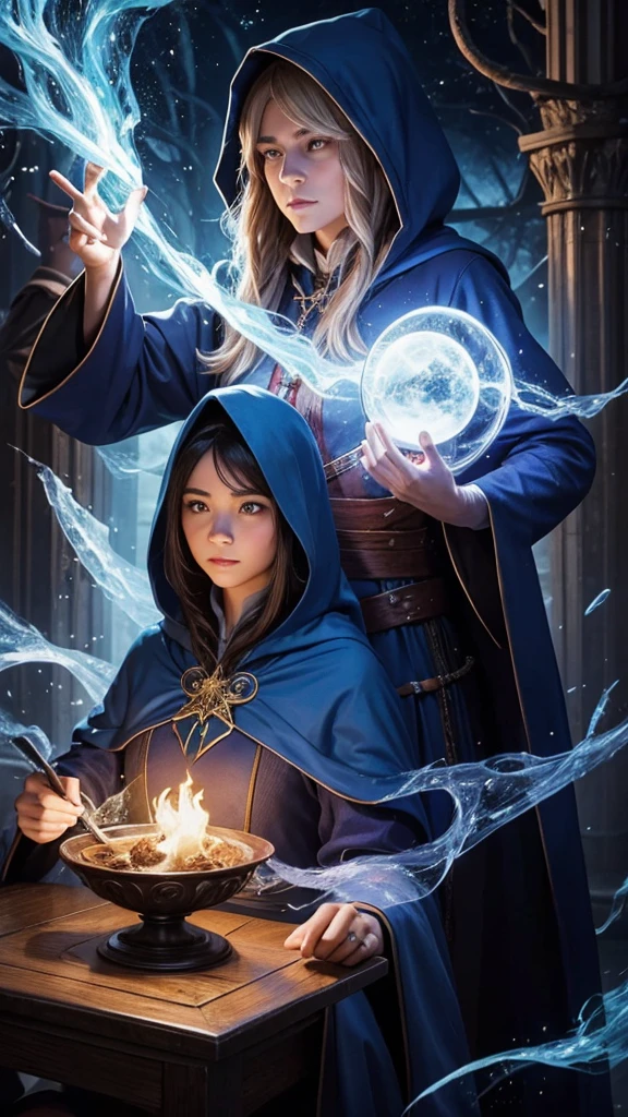 wizard couple, Man behind woman in front, magic all around, both with hood