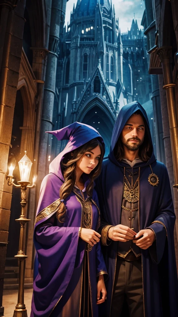 wizard couple, Man behind woman in front, magic all around, both with hood 