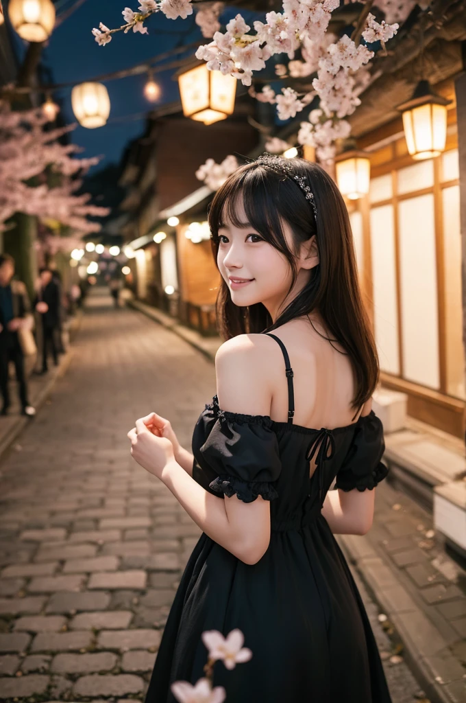 This image contains、It depicts a beautiful Japanese girl walking down a street at night.。In the background, cherry blossoms are in full bloom.、The warm light of the lanterns illuminates the streets.。The beautiful girl is wearing a black dress that reveals her shoulders.、The dress is decorated with ruffles and ribbons.、Delicate and beautiful design。She looks back and smiles、Her hair swaying in the wind creates a romantic atmosphere.。
The pose is natural、It captures the moment when he turns around.、With their gaze directed towards me、It creates a sense of intimacy with the viewer。In the background is a cobblestone road.、On either side are rows of flower pots.、Beautifully drawn down to the smallest detail。
As a photographic technique、Because it is a night scene、The reflection of light and the shadows are very realistic.、The light of the lantern spreads softly、The cherry blossom petals dancing in the wind are depicted in a fantastical way.。overall、The vertical composition brings out the presence of the beautiful girl and the beauty of the background.、Ultra-realistic, life-like texture with careful attention to detail。