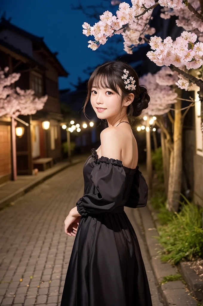 This image contains、It depicts a beautiful Japanese girl walking down a street at night.。In the background, cherry blossoms are in full bloom.、The warm light of the lanterns illuminates the streets.。The beautiful girl is wearing a black dress that reveals her shoulders.、The dress is decorated with ruffles and ribbons.、Delicate and beautiful design。She looks back and smiles、Her hair swaying in the wind creates a romantic atmosphere.。
The pose is natural、It captures the moment when he turns around.、With their gaze directed towards me、It creates a sense of intimacy with the viewer。In the background is a cobblestone road.、On either side are rows of flower pots.、Beautifully drawn down to the smallest detail。
As a photographic technique、Because it is a night scene、The reflection of light and the shadows are very realistic.、The light of the lantern spreads softly、The cherry blossom petals dancing in the wind are depicted in a fantastical way.。overall、The vertical composition brings out the presence of the beautiful girl and the beauty of the background.、Ultra-realistic, life-like texture with careful attention to detail。