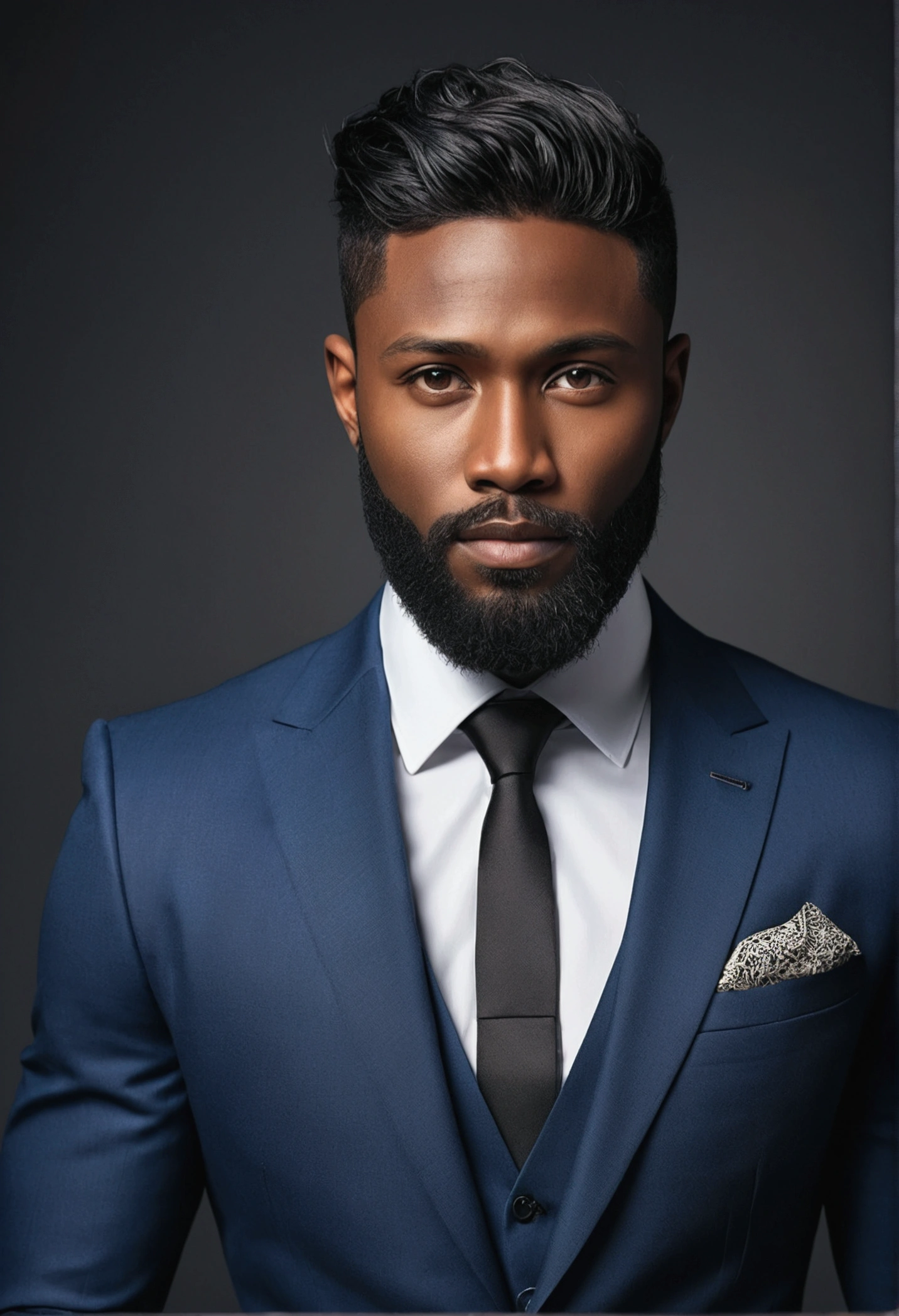 above、Making a handsome 30-year-old black man in front of the camera., (Use a beard,) Looks interesting and serious., Short black hair, Elegant and elegant, Shave tightly in a suit and a strong body., (High Quality, Realistic images), Dark and light black on photo background, Cinematic style, ((premier quality, 10, master-piece), Ultra-high-resolution photos, (beautiful detailed face, Skin texture details, Hyperdetailed body:1.1)naked