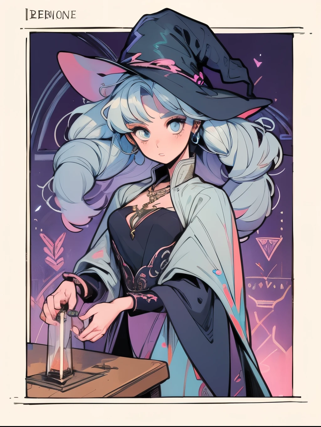 depicts a modern-day witch who has embraced the world of cybernetics to enhance her magical abilities. The artwork should convey the enchanting blend of traditional witchcraft and futuristic technology. Here are some specific elements to include: The Witch's Lair: The setting should be a cozy yet slightly eerie room, filled with magical books, crystal balls, potion ingredients, and antique furnishings. The room should be dimly lit by candles and a soft, mystical glow emanating from her cybernetic enhancements. The Cyborg Witch: The central focus of the artwork is the witch herself. She's a striking figure with a mix of traditional witch attire and cybernetic enhancements. Her clothing should have a witchy, occult aesthetic, with flowing robes, a pointed hat, and an intricate pentagram necklace. Her arms, however, have been upgraded with cybernetic components that incorporate magical symbols and glowing runes. Magical Interface: The witch is in the midst of casting a spell, with a holographic, touch-screen interface floating before her. This interface includes spell incantations, arcane symbols, and digital components, demonstrating her fusion of magic and technology. Spell Ingredients: On a nearby table, there should be a collection of spell ingredients, like herbs, potions, and magical artifacts. Some of these items may have been modified with cybernetic enhancements, blurring the line between the natural and the technological. Familiar: The witch's familiar, perhaps a cat or raven, should be present in the scene, serving as her magical companion. The familiar could also have subtle cybernetic enhancements or glowing eyes. Glowing Runes: The room should be adorned with ancient symbols and glowing runes on the walls and floor, contributing to the magical atmosphere. Aetherial Lighting: Use a combination of mystical, ethereal lighting and cybernetic glows to create a captivating interplay of light and shadow. The contrast between the tradit