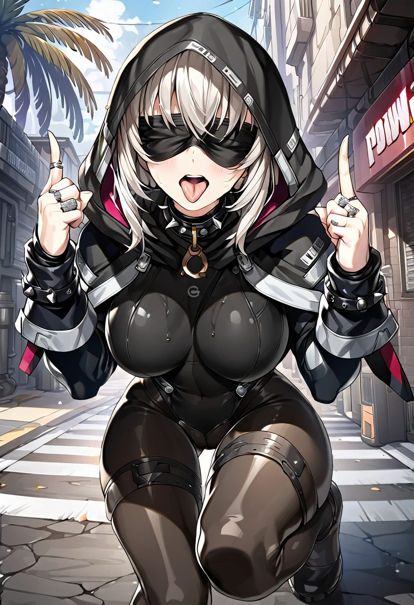 (((Thumb, index finger, middle finger, ring finger, little finger))), (((hands_up, double piece_sign, double_v:1.1, two fingers up))), hood, jacket, (((body suit))), black clothes, black wear, (((black tights))), weapon, cowboy shot, (((blindfold))), beautiful face, masterpiece, super fine illustration, ultra high res, masterwork, best quality, cg unity 8k wallpaper, official art, ultra detailed, squatting, full face blush, smile broadly, evil smile, fucked silly, vulgarity, rape face, open legs, groin, spread legs, head to toe, super detailed skin, (((open mouth, stick out tongue, long tongue, tongue out, tongue))), gleaming skin, oil skin, shiny skin, breasts, black loafers, groin focus, happy, perfect hands, (((perfect fingers))), bangs, perfect anatomy hands, ultra detailed beautiful hands, ultra detailed beautiful fingers, fingertip, clothed,　(((open legs))), groin, (((spread legs))), squatting, string panties, (((breasts skin tight))), extremely detailed beautiful hands, extremely detailed beautiful fingers, outdoor, road background, Alleyway, highly detailed hands, highly detailed fingers, finely detailed hands, finely detailed fingers, super detailed hands, super detailed fingers, frown, furrowed blow, Street light, shiny background, asphalt, five fingers, 5 finger, exquisite detailed hands, exquisite detailed fingers, hyper detailed hands, hyper detailed fingers, tightly gloves, black gloves, shiny clothes, pantyhose, symmetrical hands, sweat, even hands, symmetrical fingers, even fingers,　((((((pow pose)))))), ((((((clenched hands)))))), (((spiked animal collar))), wet skin, (((closed hands))), ((((((palm of the hands)))))), full body,