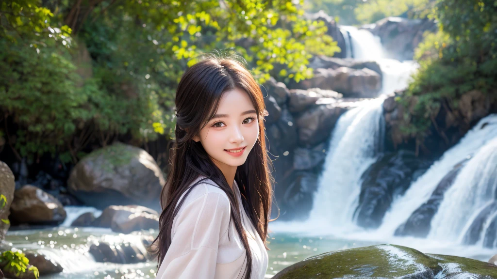 Being hit by a waterfall on a rock、Physiologically correct body、Formal wear、Cute 20 year old girl、Medium Hair,Natural color lip, Blur the background、One person、Monk's attire、smile