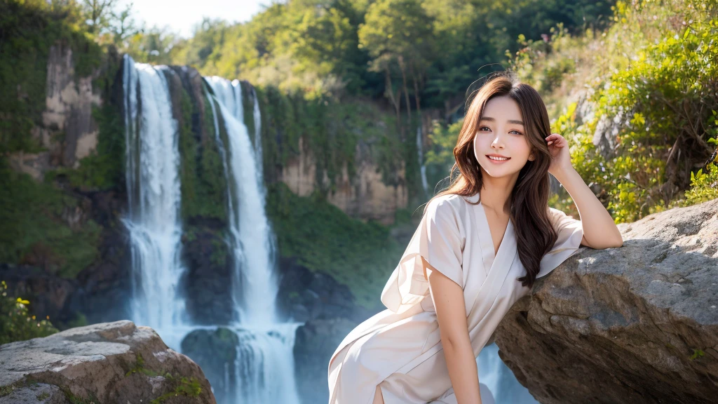 Being hit by a waterfall on a rock、Physiologically correct body、Formal wear、Cute 20 year old girl、Medium Hair,Natural color lip, Blur the background、One person、Monk's attire、smile