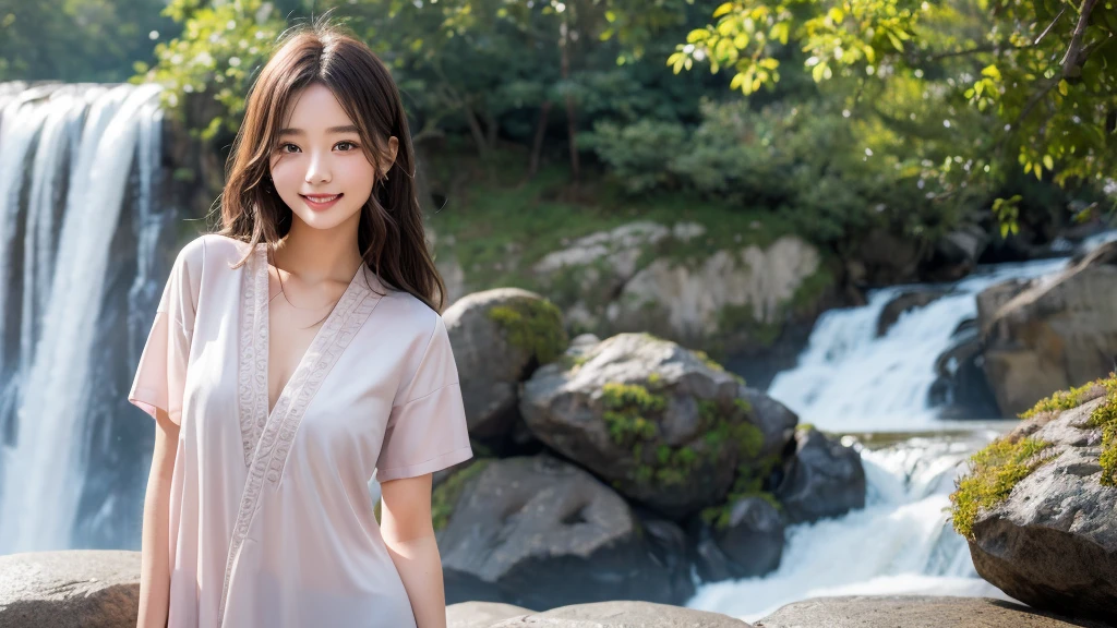 Being hit by a waterfall on a rock、Physiologically correct body、Formal wear、Cute 20 year old girl、Medium Hair,Natural color lip, Blur the background、One person、Monk's attire、smile