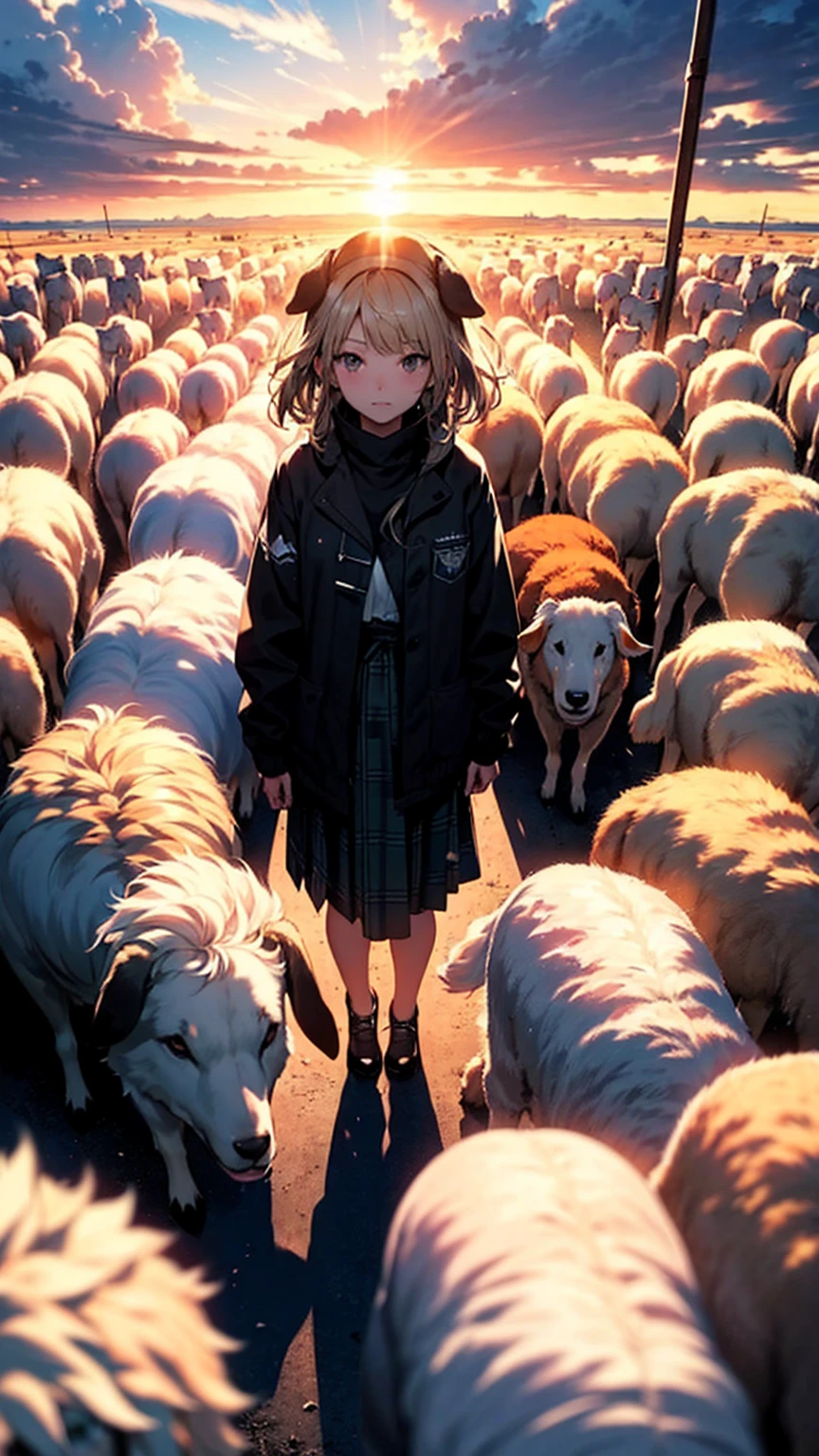 (Masterpiece, Highest quality: 1.2), (High resolution: 1.1), (Highest quality), Dynamic Angle, Shepherd Girl, null, cloud, Highland Road, Shepherd Dog, Flock of sheep, Top view, dramatic lighting, Beautiful shadows, beautiful,