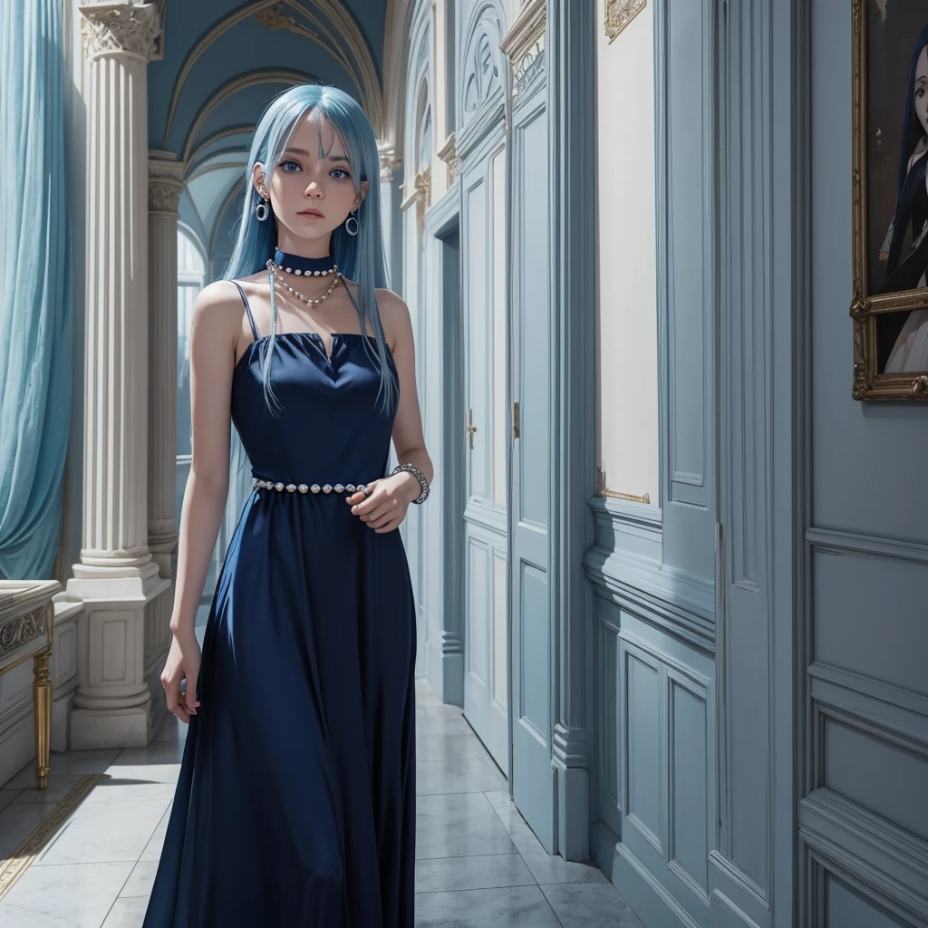 Make me a picture: Painel comics da Marvel AI, young girl with long straight Jelly Bean blue hair, Caucasian skin, light blue eyes with droopy shape, with earrings, rings and chokers, dressed in a long navy blue dress with shiny pearls, it would be walking through a palace.