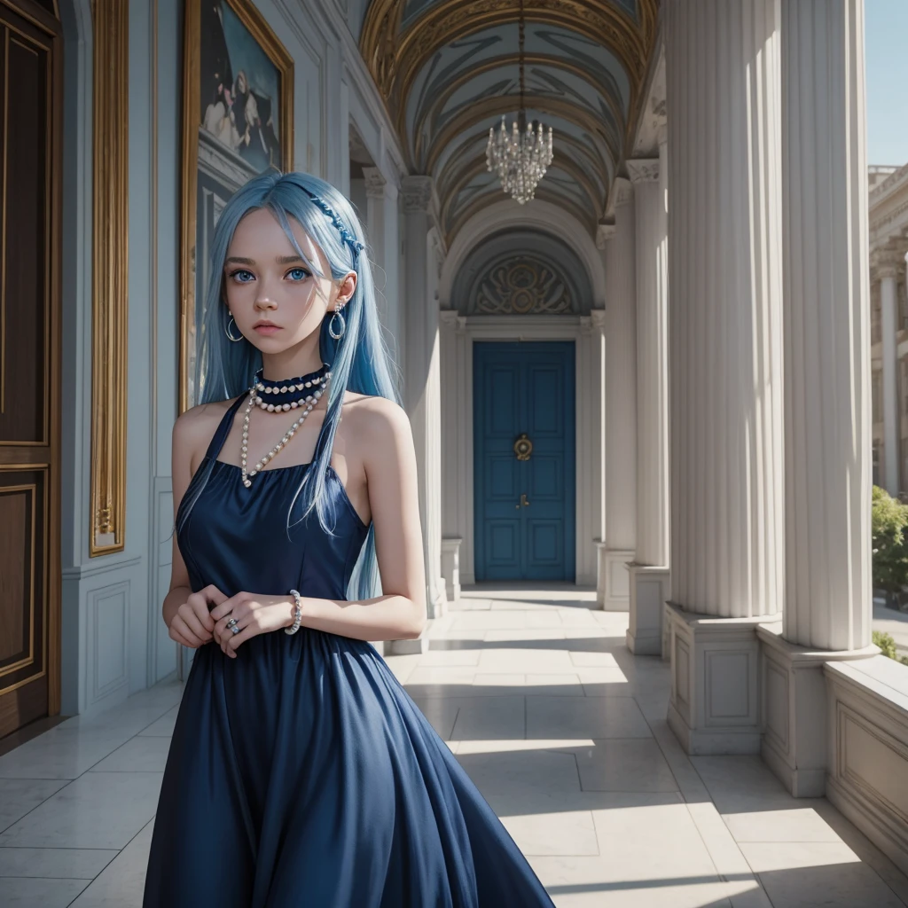 Make me a picture: Painel comics da Marvel AI, young girl with long straight Jelly Bean blue hair, Caucasian skin, light blue eyes with droopy shape, with earrings, rings and chokers, dressed in a long navy blue dress with shiny pearls, it would be walking through a palace.