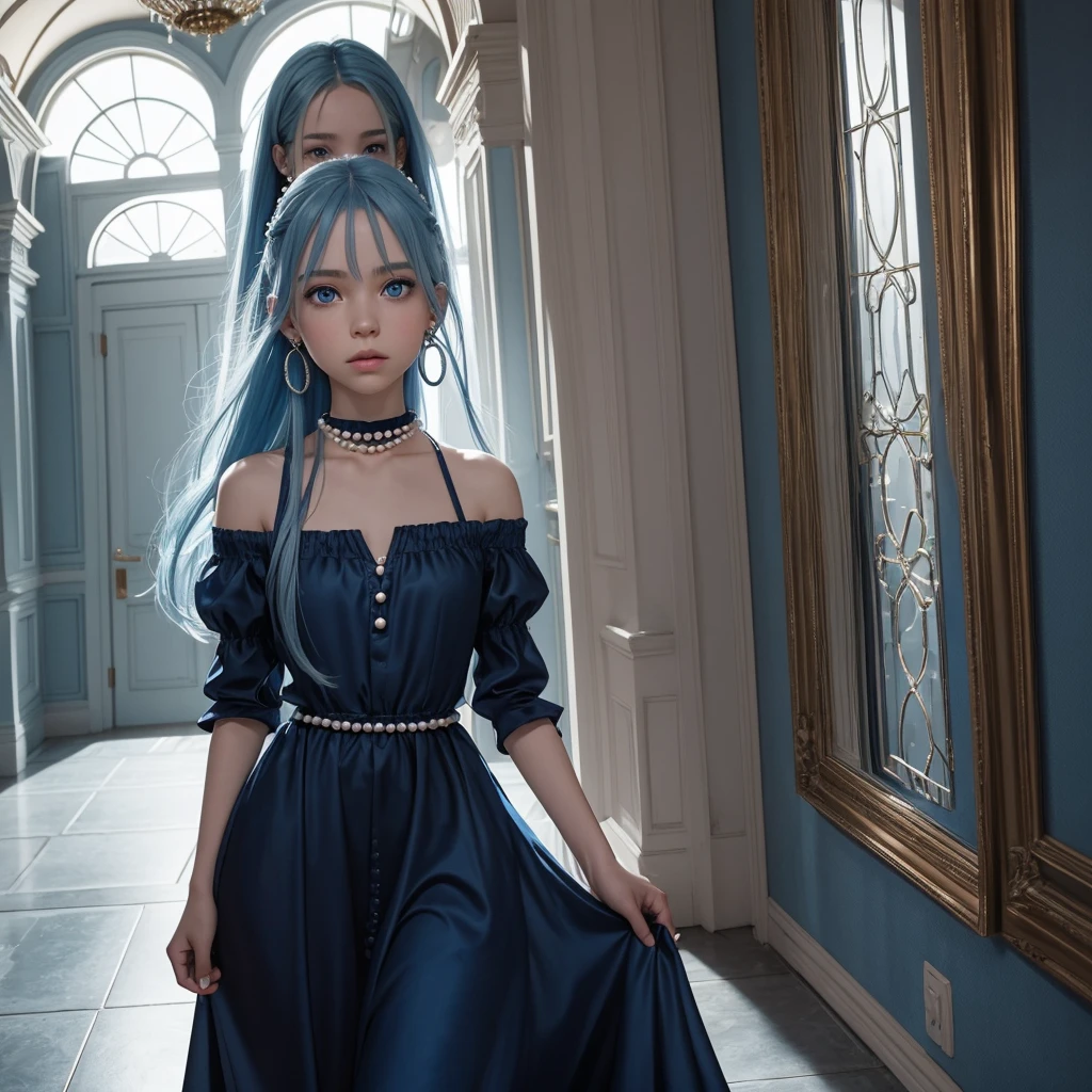 Make me a picture: Painel comics da Marvel AI, young girl with long straight Jelly Bean blue hair, Caucasian skin, light blue eyes with droopy shape, with earrings, rings and chokers, dressed in a long navy blue dress with shiny pearls, it would be walking through a palace.
