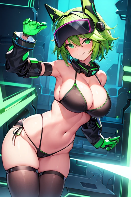 1girl, large breasts, breasts, wide hips, green hair, highleg bikini, bikini, black bikini, smirk, smile, futuristic, science-fiction, tech, neon trim, machinery, short hair, vr visors, vr visor, ((vr visors)), head-mounted device, mind control, hypnosis, covered eyes, cleavage, ((covered eyes))