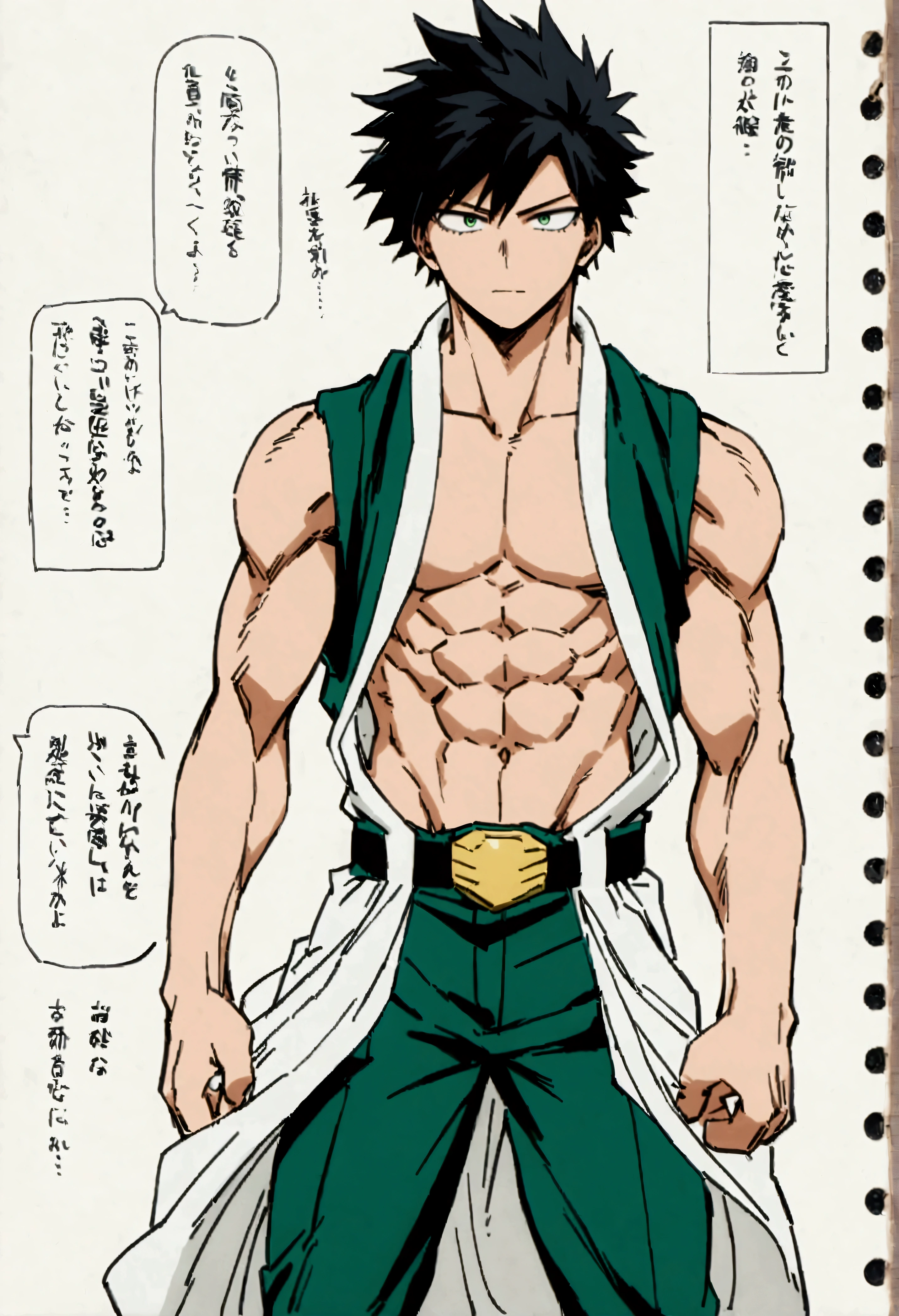 Caracter sheet, (him from behind and front) He is a , He has slightly disheveled very black hair..., somewhat light green eyes, , muscular body , sexy face, He is dressed in the anime male uniform "my hero academia"
