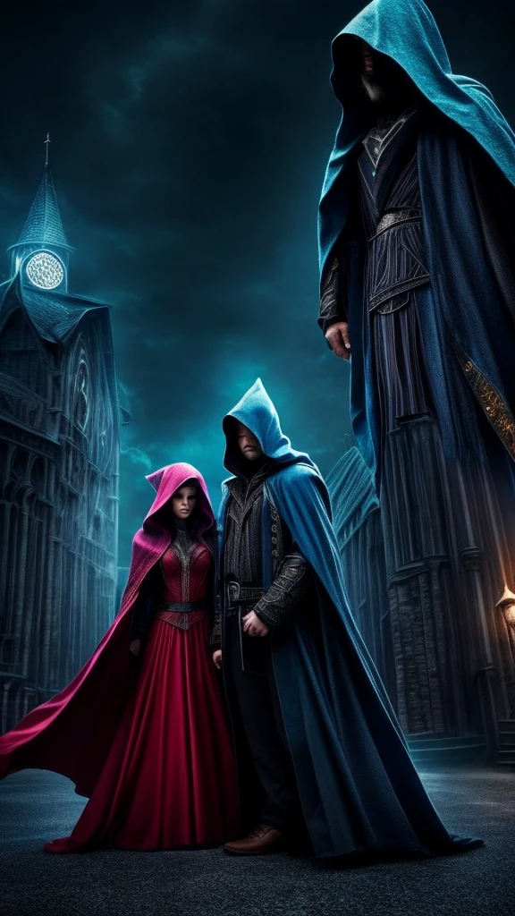 wizard couple, Man behind woman in front, magic all around, both with hood, darkness background, faces not visible 