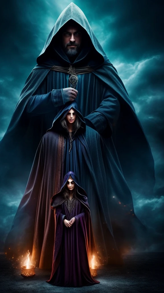 wizard couple, Man behind woman in front, magic all around, both with hood, darkness background, faces not visible