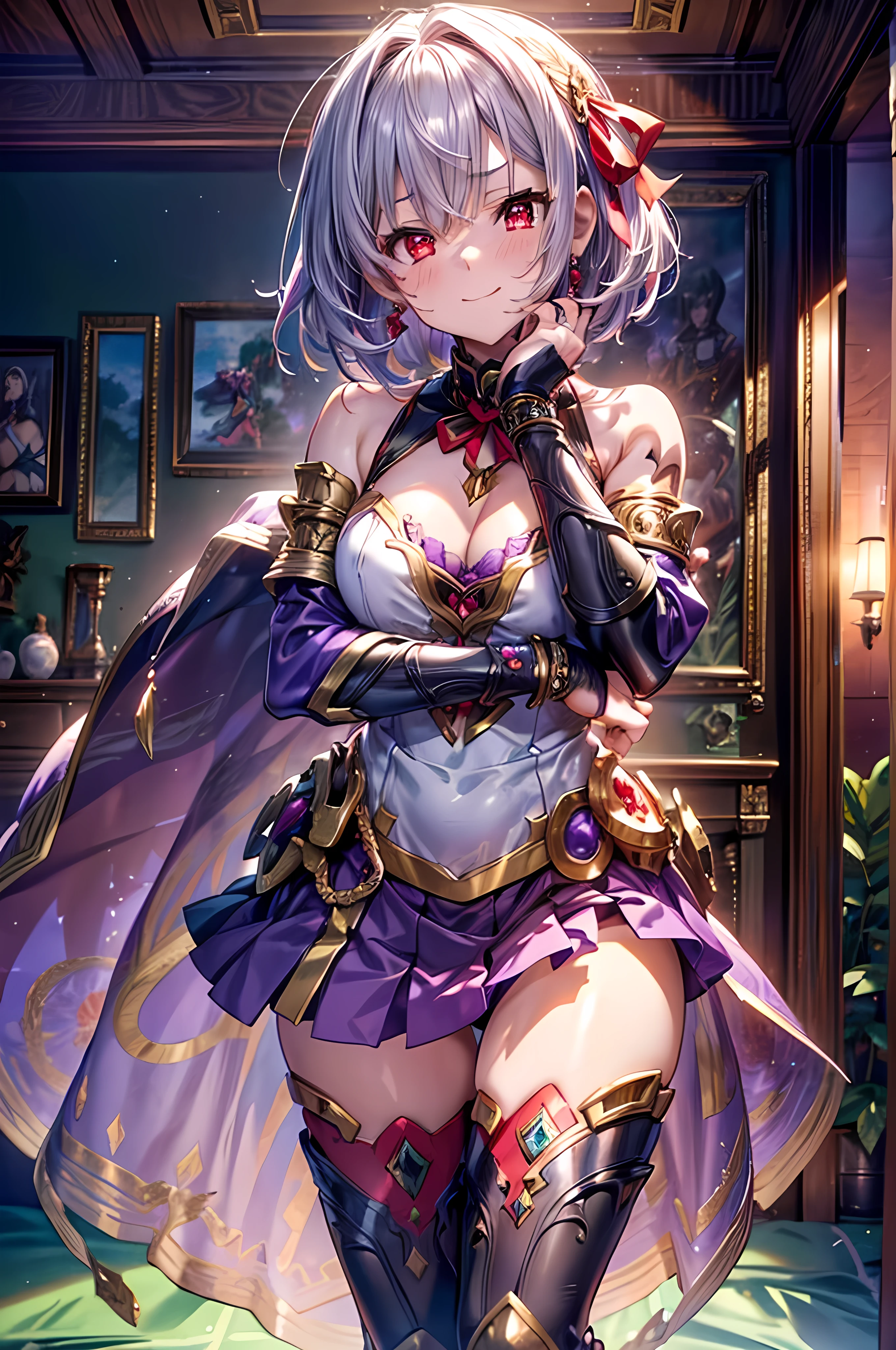 1 Beautiful girl with an anime face, (kamaloli), (kamacostume), fgolike, (Perfect Anatomy), (Hide your hands behind your head:1.2), Beautiful Skin, hair ribbon, (Red eyes:1.5), red ribbon, ribbon, short Hair, Gray Hair, BREAK Armlet, Exposing shoulders, Bikini Armor, bracelet, collar, Removable sleeves, dress, earrings, Floral print, jewelry, metal collar, miniskirt, Pelvic Curtain, purple dress, purple skirt, Purple sleeves, purple Knee socks, ring, skirt, Knee socks, Thigh pads, BREAK Watch Viewers,( Indoor rest), (Bed Break) (masterpiece:1.2), Highest quality, High resolution, unity 8k wallpaper, (figure:0.8), (Beautiful attention to detail:1.6), Highly detailed face, (Blushing), Embarrassed expression, While confused, tears, (A sloppy smile:1.2), Open your mouth, I&#39;m worried, Very cute, Perfect lighting, Highly detailed CG, Tempting, BREAK (Heart effect:1.2) BREAK,