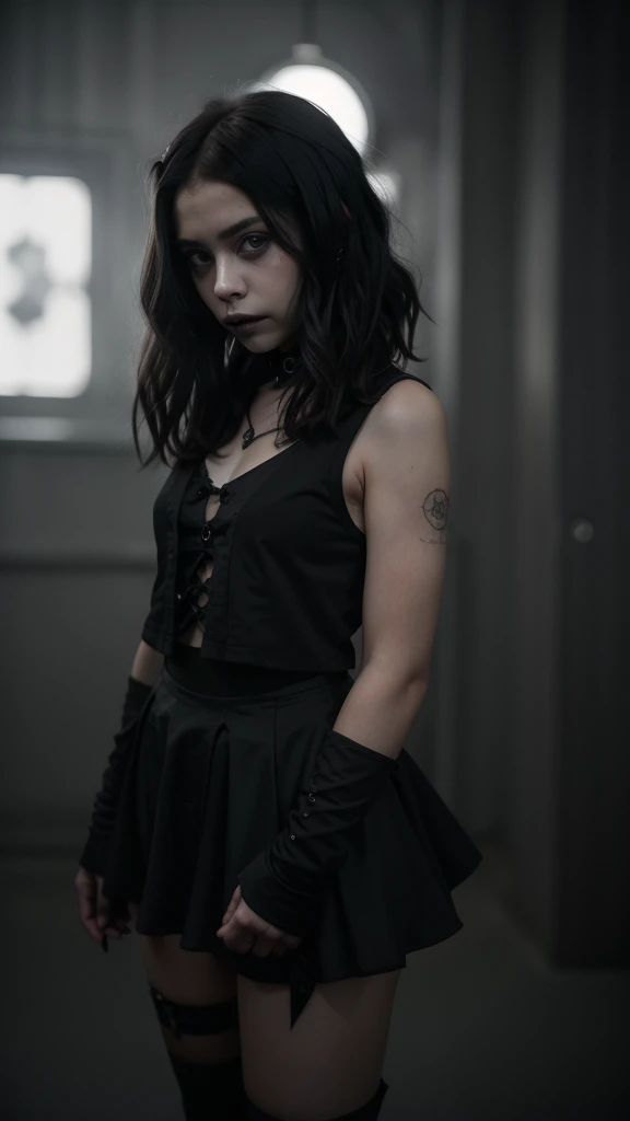 13 year old young sexy girl, black mushroom-shaped hair in gothic style, similar to Chloë Grace Moretz, two-piece goth dress, mini skirt, high quality, perfect hands, super detailed full body shot, detailed facial features, dark moody atmosphere, Renaissance painting style, dramatic lighting, cinematic, muted color palette, chiaroscuro