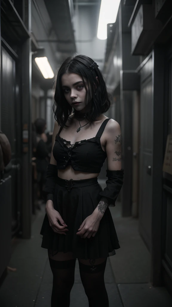 *********** young sexy girl, black mushroom-shaped hair in gothic style, similar to Chloë Grace Moretz, two-piece goth dress, mini skirt, high quality, perfect hands, super detailed full body shot, detailed facial features, dark moody atmosphere, Renaissance painting style, dramatic lighting, cinematic, muted color palette, chiaroscuro