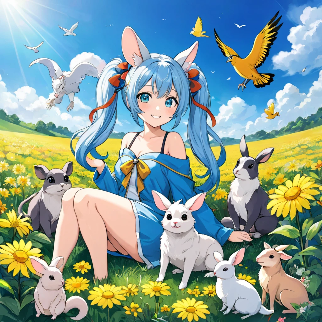 Anime girl sitting surrounded by animals in a flower field under a blue sky, Light blue long hair、Twin tails 、Bright smile、Tiger　dragon　mouse or rat　ox　Rabbit　snake　sheep　dog　pig　monkey　bird horse　Anime fantasy illustration, 