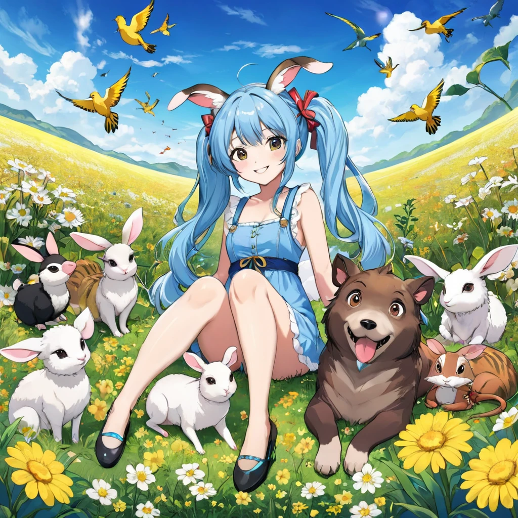Anime girl sitting surrounded by animals in a flower field under a blue sky, Light blue long hair、Twin tails 、Bright smile、Tiger dragon mouse or rat ox Rabbit snake sheep dog pig monkey bird horse Anime fantasy illustration,