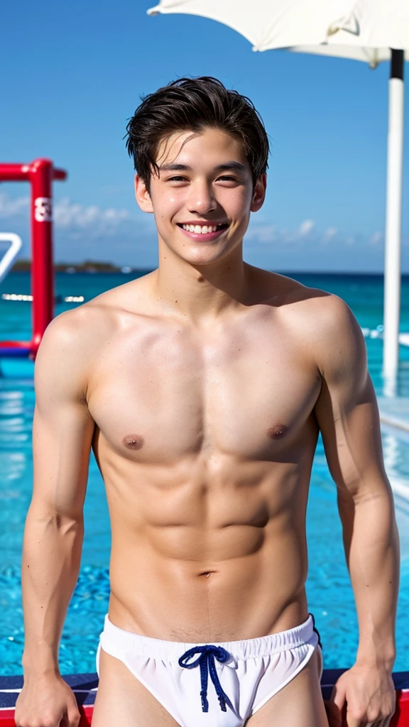 male Age 23 swimwear lifeguard topless smile