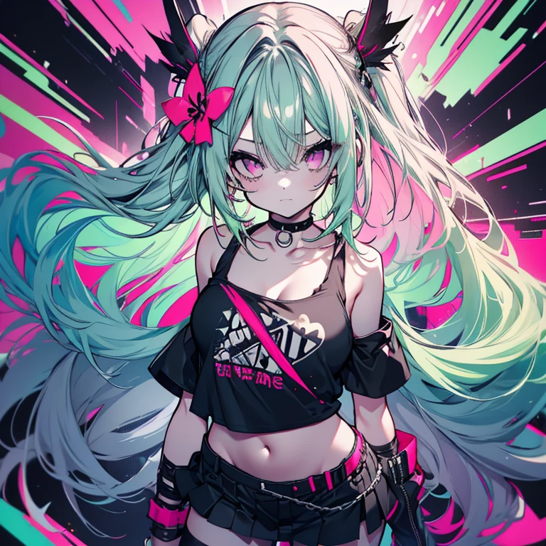 1 girl、mature、Ample breasts、Long Hair、Mint green hair、Pink Eyes、Punk Costume、Idol、black t-shirts、Shoulder Bare、camisole、Torn T-shirt、belly button、choker、mini skirt、Ripped black knee-highs、Night view、High resolution、Highest quality