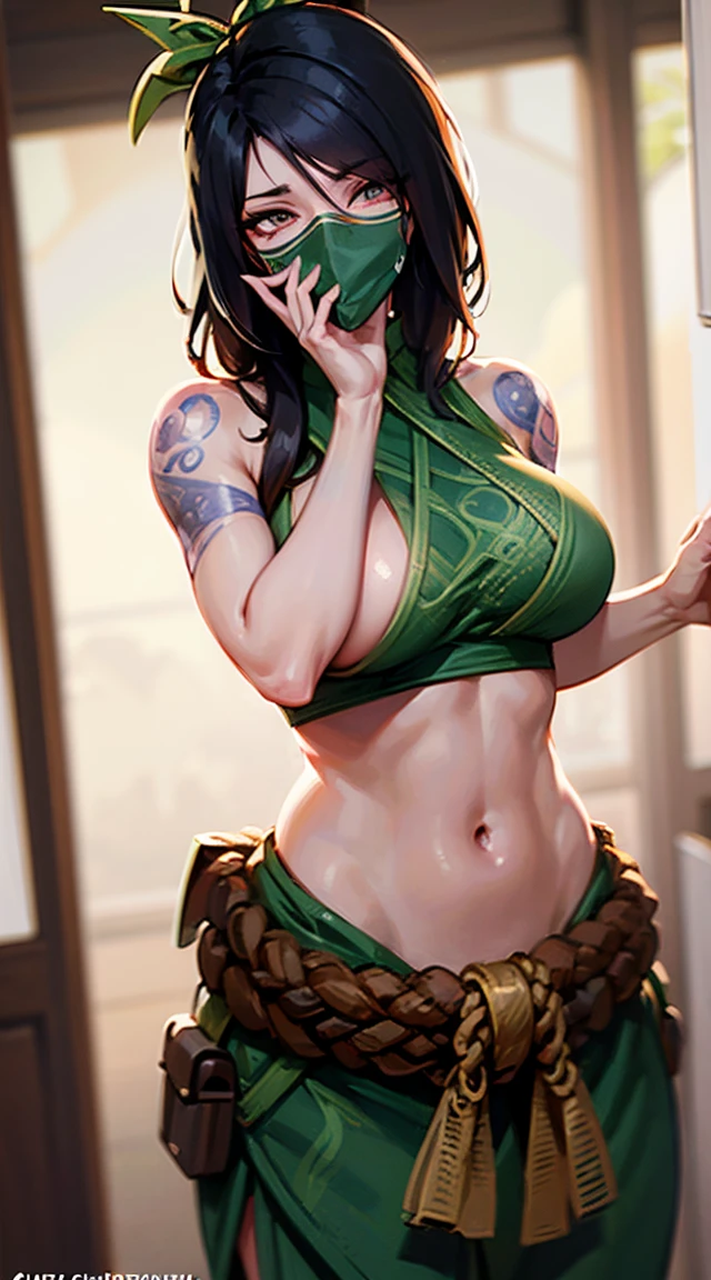 ultra realista 8k CG, work of art, ((ultra detailed background, delicate pattern, intricate-detail)), (highy detailed, fine-details,), (beautifull detailed face, eyes and hair:1.1), 1 girl, akali, gazing at viewer, League of Legends, abdomen, arm tatoo, bangss, blouse, breastsout, fishnet green chemise, hair between the eyes, hip ventilation, long bangss, long hair, mask, tummy, ninja, hypdertailed, rope belt, belt pouch, chemise, standing alone, stomach tatoo, tatoo, sexy, drooling over mask, big pervert, insane pervert, spit mask, face full with saliva, areola exposed, areola show, areola visible, giant areola, spanked ass, crying, 